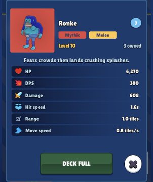 A game character stats screen for 'Ronke', a Mythic Melee character at Level 10, showing HP 6,270, DPS 380, Damage 608, Hit speed 1.6s, Range 1.0 tiles, and Move speed 0.8 tiles/s, with a 'DECK FULL' button.