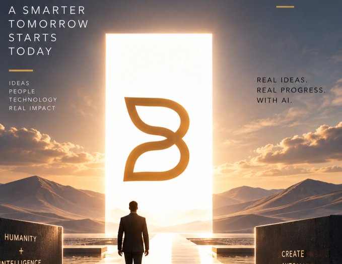 A promotional graphic reading 'A SMARTER TOMORROW STARTS TODAY' and 'REAL IDEAS. REAL PROGRESS. WITH AI.' features a silhouette of a person facing a glowing doorway with a stylized 'B' logo.