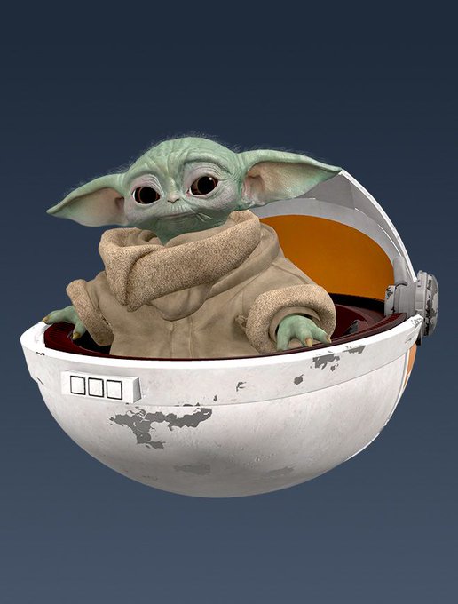 A 3D render or figure of Grogu (Baby Yoda) from Star Wars sitting inside his floating pram.