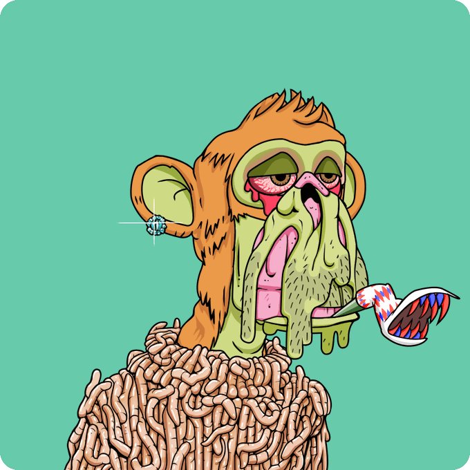 A brown ape with a drooping, melted face and bloody eyes smokes a red, white, and blue striped cigarette while wearing a worm-textured sweater and a diamond earring against a teal background.