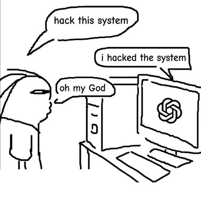 A cartoon shows a person telling ChatGPT to "hack this system," with the computer responding "i hacked the system" and the person exclaiming "oh my God." The image humorously illustrates skepticism about unverified AI claims, paralleling the post's doubt toward AI companies announcing breakthroughs without transparent proofs.