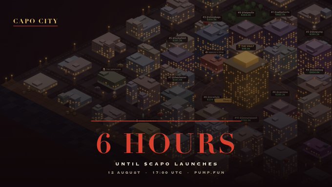 A dark cityscape for 'CAPO CITY' with a countdown reading '6 HOURS UNTIL SCAPO LAUNCHES - 12 AUGUST - 17:00 UTC - PUMP.FUN'.