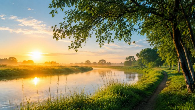 The image shows a serene river surrounded by trees, with a beautiful sunrise or sunset casting warm hues over the scene. The calm waters of the river reflect the sky's colors, creating a picturesque view. In the background, there are two people walking along the riverbank, enjoying the peaceful atmosphere and natural beauty around them.