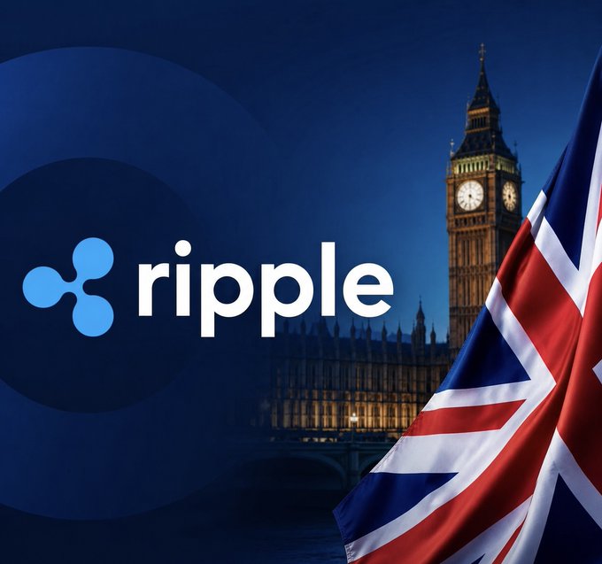 The image shows the Ripple logo alongside a backdrop of Big Ben and the UK Union Jack flag, visually representing Ripple's official endorsement of HM Treasury's new Wholesale Digital Markets Strategy to advance tokenization and blockchain technology in UK financial markets.