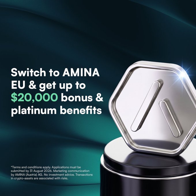 A promotional advertisement for AMINA EU reads "Switch to AMINA EU & get up to $20,000 bonus & platinum benefits," featuring a silver hexagonal token on a pedestal with a dark green background.