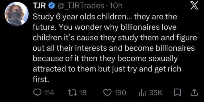 A tweet by @_TJRTrades reading 'Study 6 year olds children... they are the future...' with 35K views.