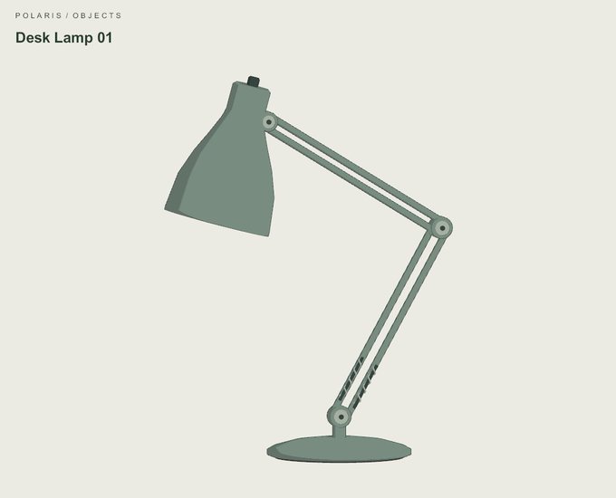 A minimalist illustration shows a green adjustable 'Desk Lamp 01' from the 'POLARIS / OBJECTS' collection against a cream backdrop.