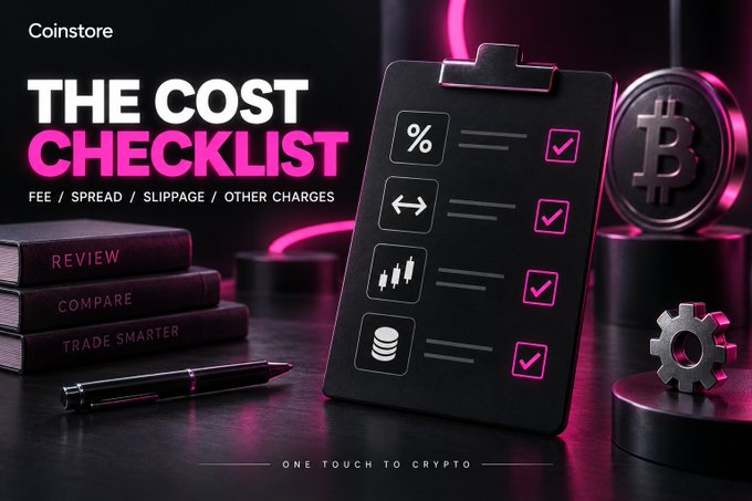 A Coinstore promotional graphic titled 'THE COST CHECKLIST' featuring a clipboard with checked items representing FEE/SPREAD/SLIPPAGE/OTHER CHARGES, alongside a Bitcoin coin and the tagline 'ONE TOUCH TO CRYPTO.'