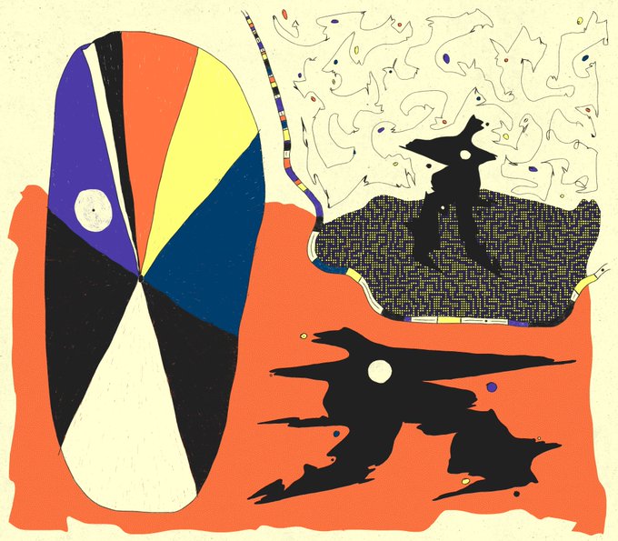 A vibrant abstract artwork featuring a colorful geometric oval with radiating sections in purple, black, orange, and yellow, alongside black silhouette figures set against orange and patterned backgrounds with whimsical line-drawn creatures. The piece visually echoes the psychological complexity suggested by its title "Id, Ego and Superego," with the contrasting bold shapes and shadowed figures representing the conflicting forces of human psyche.