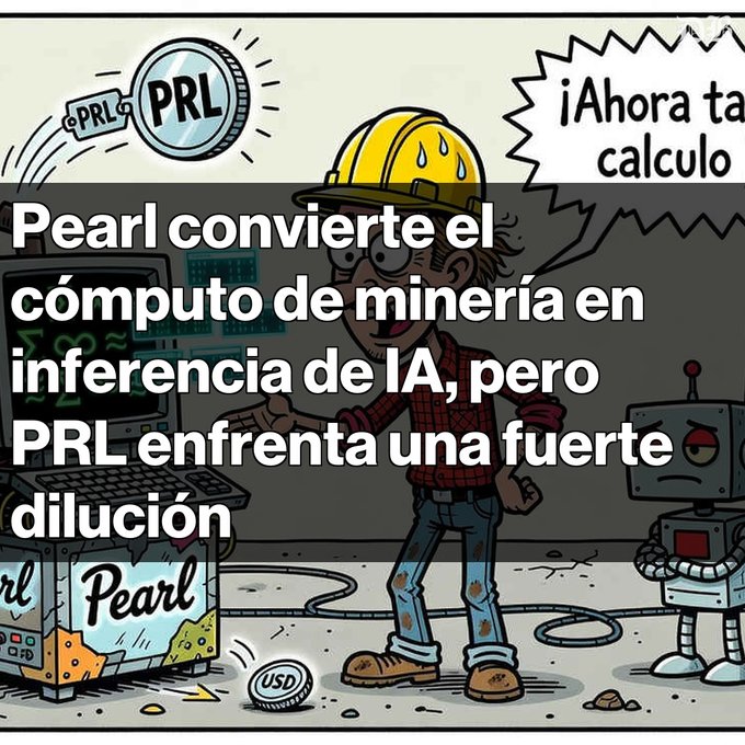 A cartoon illustration of a stressed miner with a speech bubble, featuring a 'PRL' coin falling, accompanied by Spanish text stating 'Pearl convierte el cómputo de minería en inferencia de IA, pero PRL enfrenta una fuerte dilución'.
