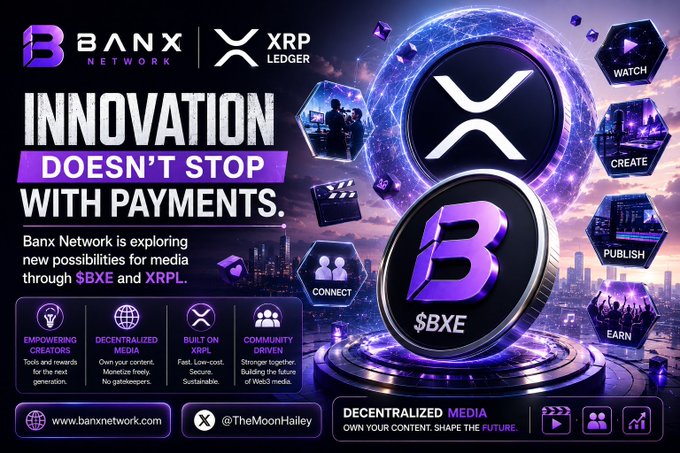 The image features a poster for Banx Network's XRPL exchange, which promotes innovation by encouraging users to explore new possibilities with payments. The poster includes a purple coin labeled "BXE" and a purple dollar sign, symbolizing the exchange of payments. The text on the poster states that "innovation doesn't stop with payments", emphasizing the importance of exploring new ways to use XRPL for payment systems. The post also mentions Banx Network's partnership with $XRP, which is an exchange designed specifically for XRPL transactions.