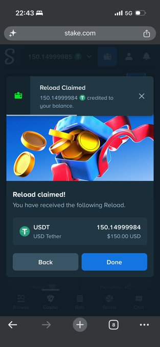 A screenshot from stake.com showing a "Reload Claimed" notification confirming that 150.14999984 USDT ($150.00 USD) has been credited to the user's balance, illustrating the $150 reload bonus mentioned in the post.