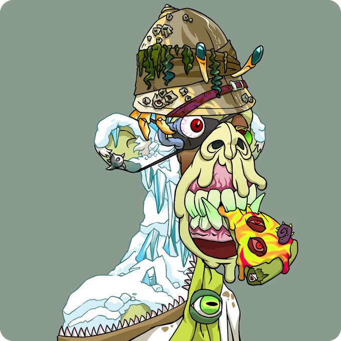 The image features a cartoon monkey wearing a hat, holding a slice of pizza with its mouth open wide. The background appears to be a light blue color, which contrasts nicely with the monkey's outfit. There are also some words visible on the image that seem to be part of a caption or description related to the monkey and the pizza.