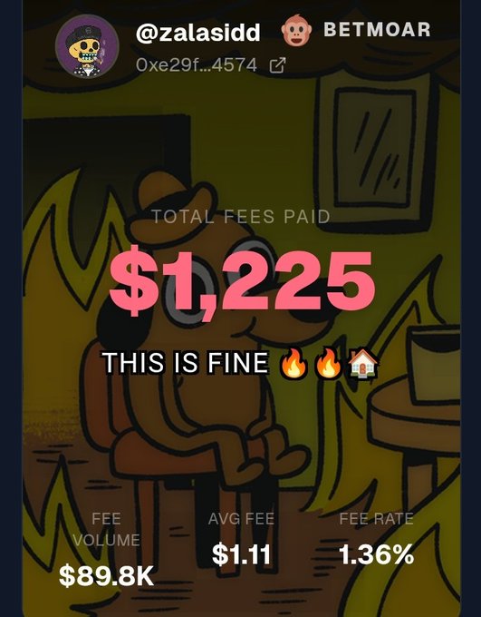 The image features a post about fees, with a cartoon character sitting at a table surrounded by flames. The caption reads "This is fine" and includes details about the fees paid for the post.