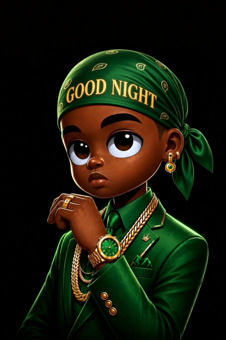 A 3D-rendered cartoon portrait depicts a stylish character with dark skin, large eyes, and a green bandana reading 'GOOD NIGHT,' wearing a matching green suit, gold jewelry including a Rolex watch and earring, against a black background.