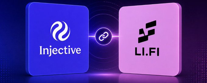 A promotional graphic showing the Injective and LI.FI logos side by side with a link icon between them on blue and pink backgrounds.