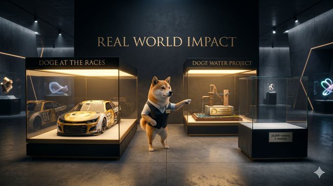 The image features a Shiba Inu dog standing next to two cars, one of which has a "DOGE" sign on it. The background includes a black wall with the words "Real World Impact" written on it. The dogs are wearing vests and there is text about the dogs being sponsored by various companies or individuals.