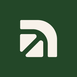 A simple logo featuring a stylized white letter 'R' or geometric shape on a dark green background.