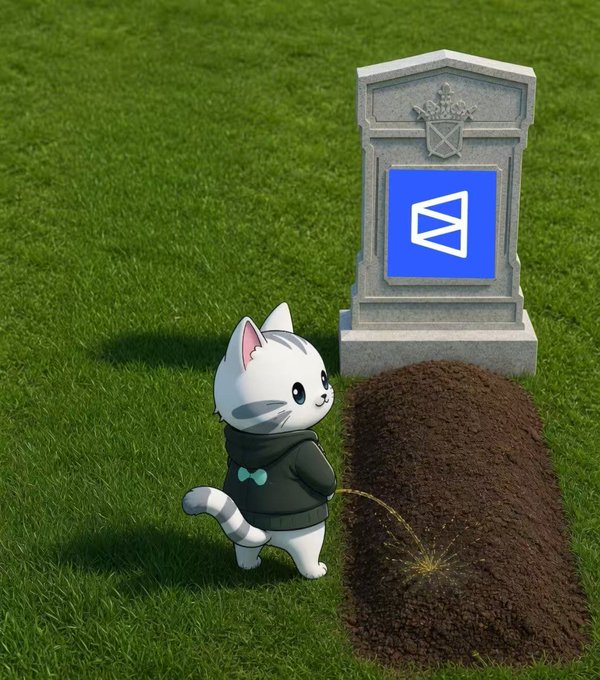 A cartoon cat in a hoodie mourns at a grave marked with the Hyperliquid (HIP-4) logo, symbolizing the "death" or burial of the HIP-4 milestone as it has been deployed by projects like Outcome, Skew, and Trade.xyz. The imagery humorously depicts the "RIP" of HIP-4's pre-deployment era now that all three confirmed deployers have launched.