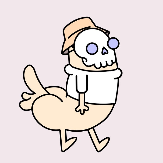 A cartoon illustration on a pink background depicts a skeleton character wearing an orange hat, with a purple eye and a toothy grin, riding on a beige bird-like creature.
