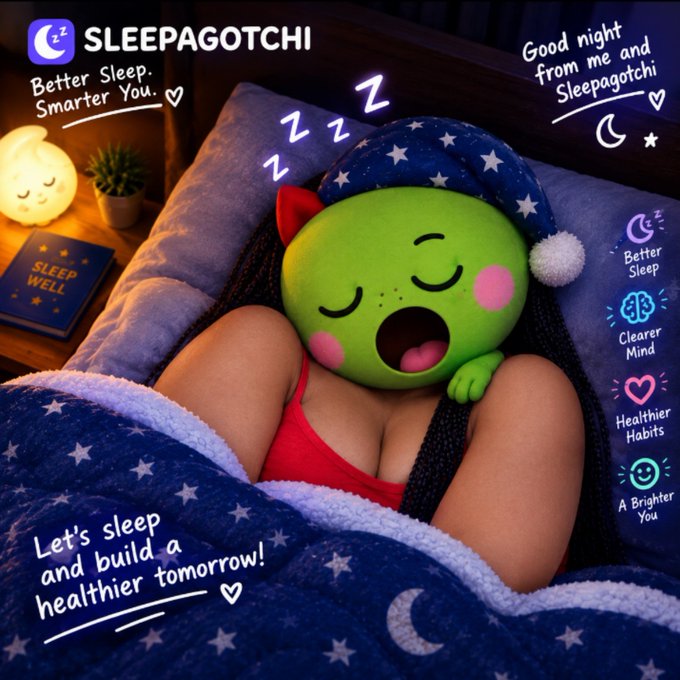 Promotional image for 'SLEEPAGOTCHI' featuring a green sleep-themed character yawning on someone's lap, with the tagline 'Better Sleep. Smarter You.' and 'Let's sleep and build a healthier tomorrow!'