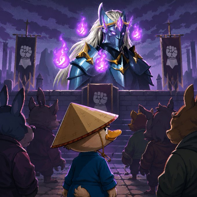 A duck wearing a conical hat stands before a towering armored figure surrounded by purple flames and banners bearing fist logos, as other animal characters gather around. The image illustrates the post's theme of performative loyalty in NFT communities, where the imposing armored leader represents the project, while the loyal followers—including the wide-eyed duck—symbolize members who complete tasks and engage publicly for rewards before fading away once the mint ends and incentives disappear.