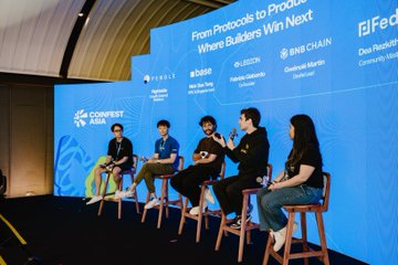 Four people sit on stools on a stage participating in a panel discussion at CoinFest Asia, with a backdrop reading 'From Protocols to Proofs: Where Builders Win Next'.