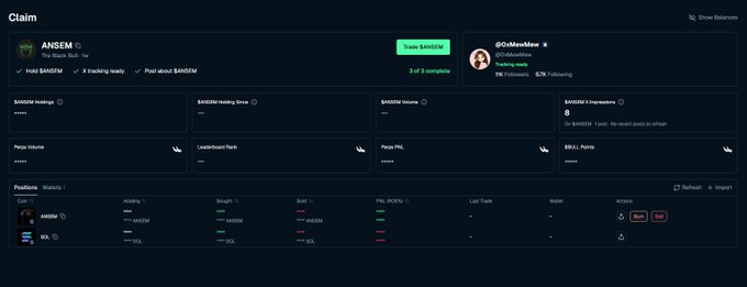 A web interface showing a 'Claim' page for a token called '$ANSEM' with 3 of 3 complete claims, displaying trading volume, holders, and positions data.