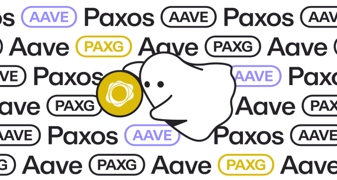 A cartoon ghost character holding a gold coin, surrounded by repeating text patterns featuring crypto names 'Aave', 'Paxos', 'AAVE', and 'PAXG'.