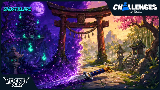 The image features a poster or wall art with a scene depicting a Japanese garden at night. The garden has a torii gate, which is a traditional wooden gate often found in Japanese gardens. A sword can be seen lying on the ground near the gate, adding an element of mystery to the scene. The background includes trees and bushes, creating a serene atmosphere.

The poster or wall art also contains text that reads "Pocket" and "Ghostblade", which are likely related to the game being advertised. Additionally, there is a description of the game's challenge, stating that players must complete a certain number of tasks within a specific time frame in order to progress through the game. The image seems to be promoting an anime or video game featuring Japanese elements and themes.