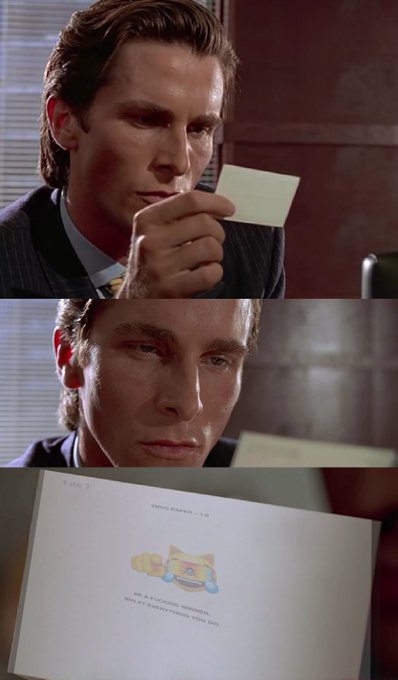 A three-panel image from American Psycho showing Patrick Bateman examining a business card with a cartoon character and text reading 'PIED PIPER - I/E' and 'BE A POLONOID WINNER WIN AT EVERYTHING YOU DO.'