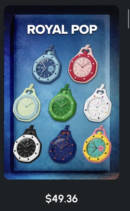 urn of pink and white watches, with a blue background and black border, arranged on a white surface.