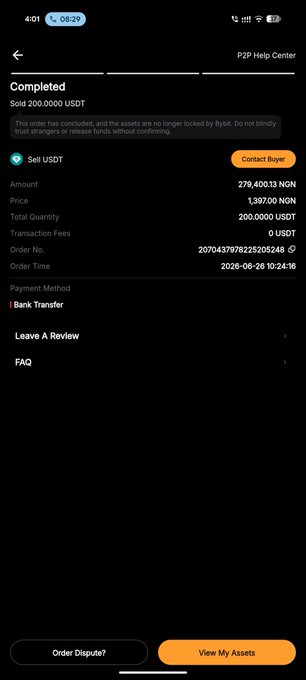 A completed P2P order screen showing a successful sale of 200,000 USDT for 279,400.13 NGON via Bank Transfer (Order No. 2070437978225205248, dated 2026-06-26), illustrating the poster's point that following process—reading merchant instructions and verifying payment before releasing funds—is what completes the trade safely.