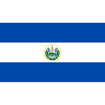 The flag of El Salvador, featuring horizontal blue and white stripes with the national coat of arms in the center.