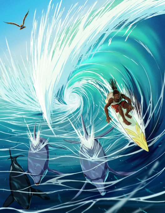 A surfer with a ponytail rides inside a massive turquoise wave surrounded by leaping dolphins and a seagull soaring overhead. This vibrant artwork titled "WAVE FLOW" captures the artist's exploration of water, currently being auctioned on SuperRare.