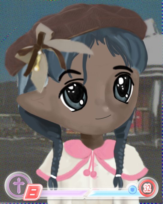 An anime-style avatar with dark skin, blue hair in braids, and a brown beret adorned with a ribbon smiles, wearing a pink and white outfit, with UI elements showing '$2' at the bottom.