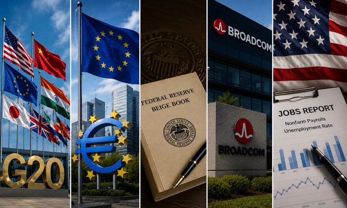 A four-panel collage showing various economic and political symbols: international flags including the US, EU, and others with a 'G20' sign; a 'FEDERAL RESERVE BEIGE BOOK'; the 'BROADCOM' corporate building; and a 'JOBS REPORT' clipboard with a bar chart and US flag.