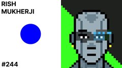 A pixel art portrait labeled 'RISH MUKHERJI #244' featuring a character with a blue, technologically-enhanced face and a bright green background.