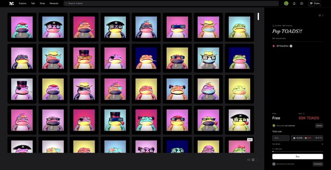 Screenshot of a digital marketplace displaying a grid of cartoon frog NFT avatars in colorful square frames, titled "Pop TOADS!!" with a price of "0.08 E" and "69K TOADS" available.