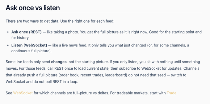 The image displays documentation titled "Ask once vs listen," explaining that REST provides full snapshots (like a photo) while WebSocket delivers continuous updates (like a live news feed), with guidance to use REST for initial state and WebSocket for changes—or skip REST polling entirely for full-picture channels like order books and leaderboards.

This directly supports the post's message by illustrating how traders can replace inefficient REST polling with WebSocket subscriptions for smoother order book updates.