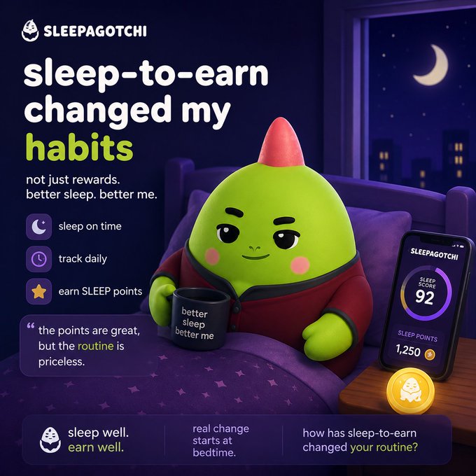 Promotional graphic for 'SLEEPAGOTCHI' advertising a sleep-to-earn program, featuring a green character in bed holding a 'better sleep better me' mug next to a phone showing a Sleep Score of 92 and 1,250 SLEEP POINTS.
