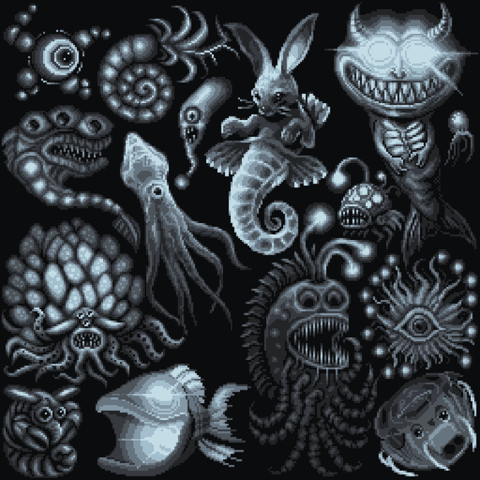 A pixel art illustration showing a collection of various fantastical sea creatures and monsters, including a seahorse, squid, shark, and a menacing grinning creature, rendered in grayscale.