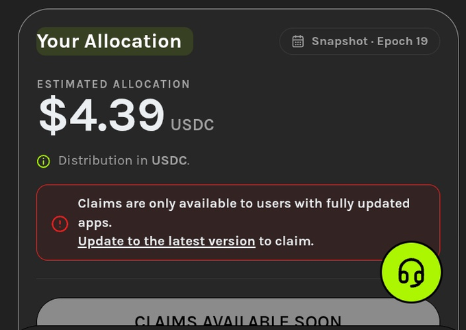 Dark interface showing 'Your Allocation' of $4.39 USDC from Snapshot Epoch 19, with a warning that claims require updating to the latest app version.