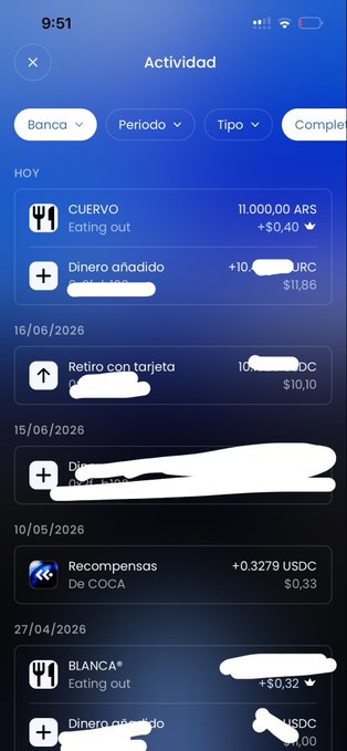A screenshot of the COCA Wallet app's "Actividad" (Activity) screen showing transaction history in ARS and USDC, including a CUERVO eating out entry of 11,000.00 ARS and a €10 EURC deposit recorded as $10.10, illustrating the poor raw FX conversion highlighted in the review.