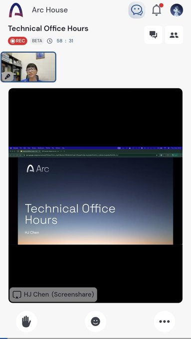 A screenshot of an 'Arc House' video call interface showing a 'Technical Office Hours' session, with a 'REC' indicator, a 58:31 timer, and a presentation slide by 'HJ Chen'.