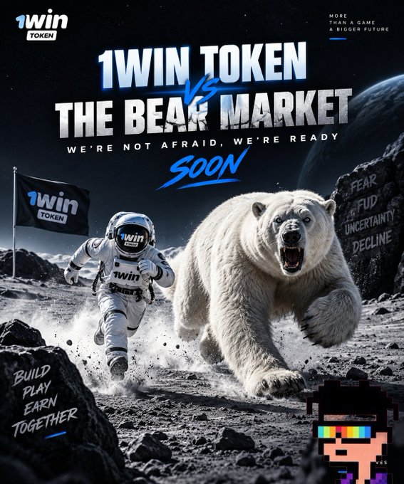 A promotional graphic for '1WIN TOKEN' titled '1WIN TOKEN vs THE BEAR MARKET' with the tagline 'WE'RE NOT AFRAID, WE'RE READY SOON', showing an astronaut running from a polar bear on a moon-like surface, alongside text like 'BUILD PLAY EARN TOGETHER' and 'FEAR FUD UNCERTAINTY DECLINE'.