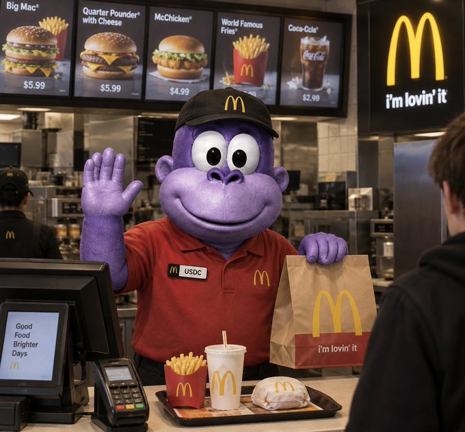 A purple gorilla mascot wearing a McDonald's cap and red uniform works at a fast food counter, displaying menu items like Big Mac ($5.99), Quarter Pounder ($4.99), and Coca-Cola ($2.49), with the iconic 'i'm lovin' it' slogan visible.