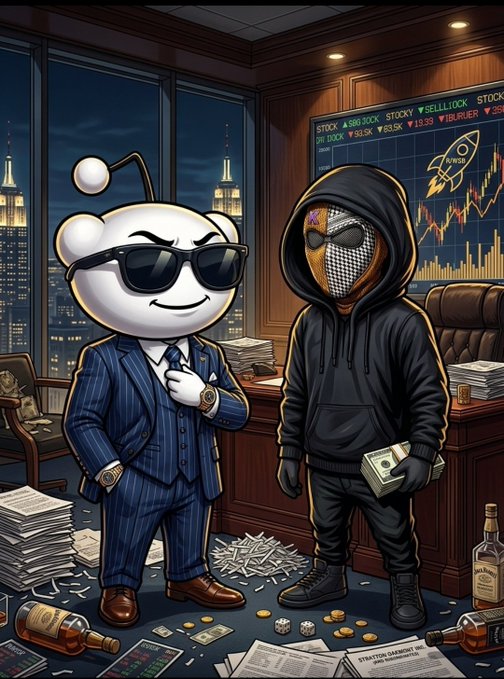 A cartoon-style illustration showing a Reddit mascot in a pinstripe suit and sunglasses standing next to a hooded figure holding money, with a stock chart and rocket symbol on a screen behind them.
