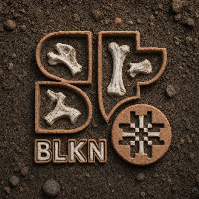 A textured logo design spells "SP" using bone-like shapes, with "BLKN" beneath it and a hashtag symbol inside a circle, all set against a dirt background.