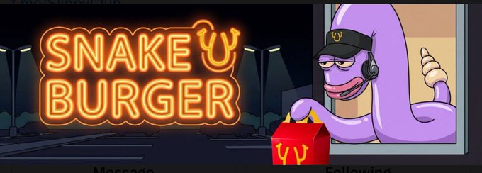 An animated neon sign reads 'SNAKEY BURGER' next to a purple cartoon snake wearing a cap and headphones at a drive-thru window.